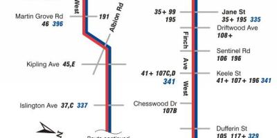 Harta e TTC 36 Finch Perëndim autobus itinerari Toronto