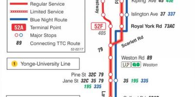 Harta e TTC 52 Lawrence Perëndim autobus itinerari Toronto