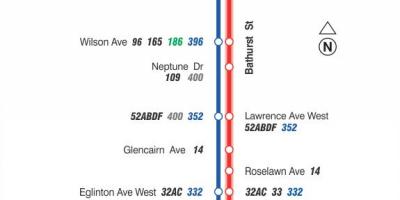 Harta e TTC 7 Bathurst autobus itinerari Toronto