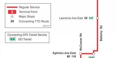 Harta e TTC 9 Bellamy autobus itinerari Toronto